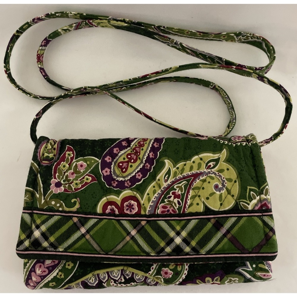 Vera Bradley Trifold Wallet Cross Body Bag Clutch Paisley Flowers Hearts Plaid - Picture 1 of 15